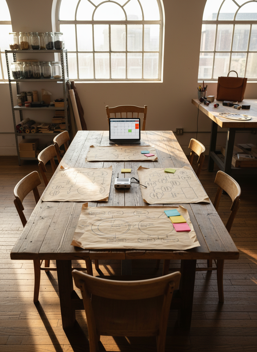 A long, sturdy meeting table made of reclaimed wood in a bright workshop loft, with simple chairs pushed back as if a strategy session has just finished. On the table lie large sheets of kraft paper with neatly drawn diagrams, color-coded sticky markers, and a compact voice recorder, while at the far end a tablet displays an organized content calendar. The surrounding space shows authentic tools, partially finished products, and storage shelves typical for a craft or SME environment. Late afternoon natural light filters through high windows, casting warm, directional beams and soft shadows. Photographic realism at eye level conveys a mood of clarity, collaboration, and actionable marketing planning without clichés.