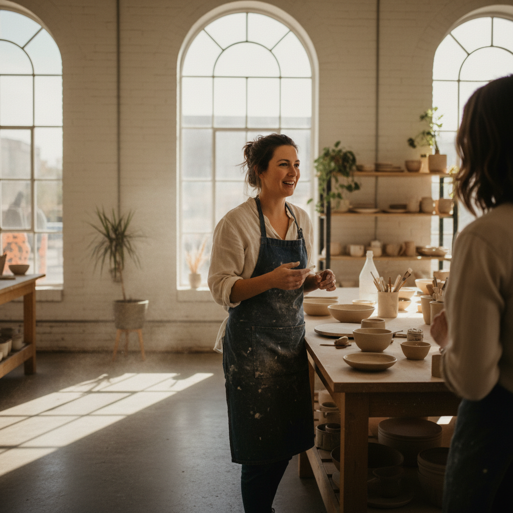 A warm, natural photo of a small business owner in a bright, airy workspace. Natural daylight, authentic expression, genuine conversation atmosphere. Warm tones, soft natural shadows, clean composition. High-quality editorial photography style. Real person, not staged.